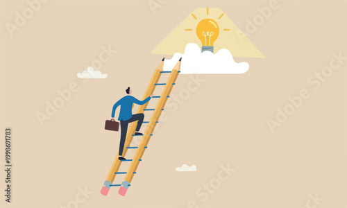 Creative innovative work, opportunity or wisdom concept, businessman creative guy climbing ladder built from pencil to upper cloud to find lightbulb idea