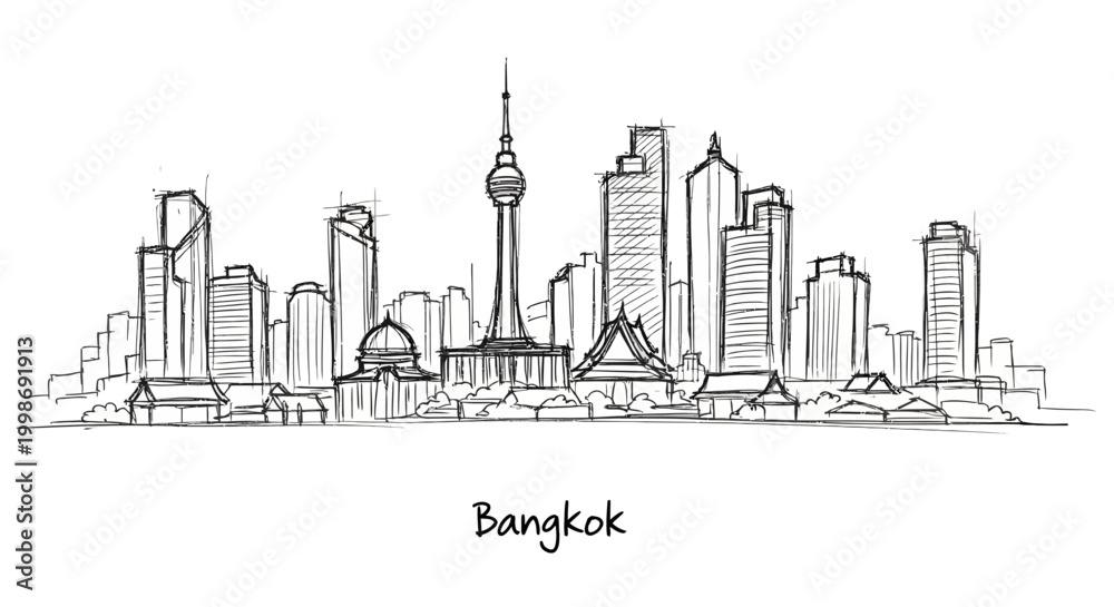 Fototapeta premium Minimalistic black and white city skyline sketch of Bangkok featuring iconic skyline with tall skyscrapers and the famous tower