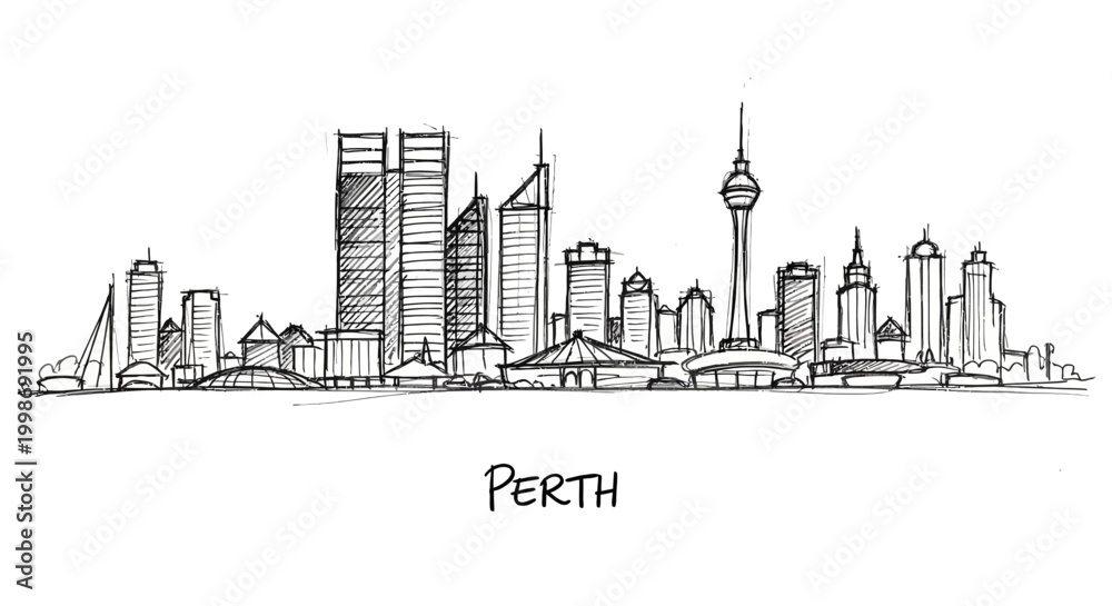Fototapeta premium Stylized Sketch of Perth Skyline Featuring Towering Skyscrapers and Iconic Structures in a Minimalist Artistic Representation