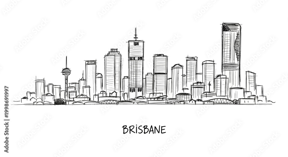 Fototapeta premium Artistic black and white sketch of the Brisbane city skyline emphasizing high-rise buildings and urban landscape