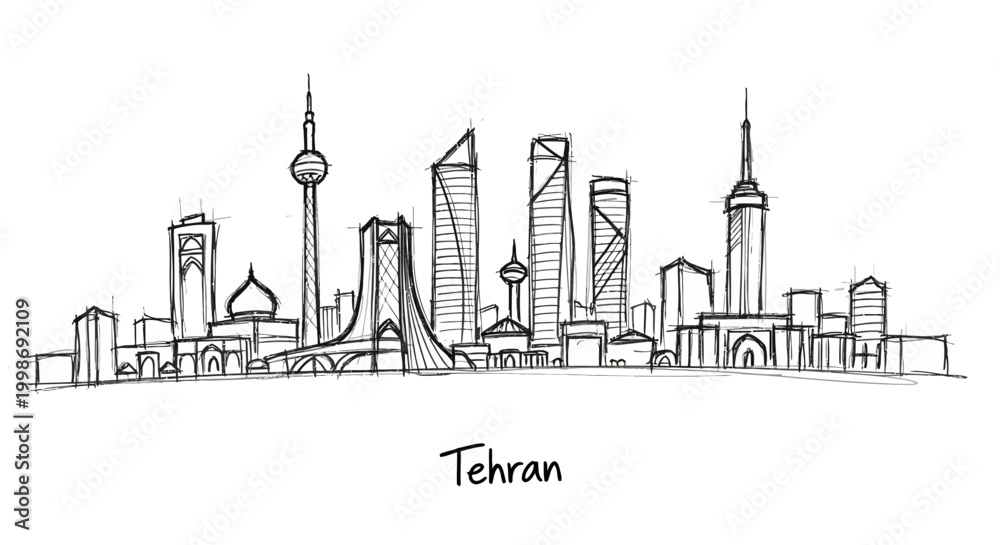 Fototapeta premium Minimalist hand-drawn skyline illustration capturing Tehran?s dynamic urban landscape and iconic architectural silhouettes in a