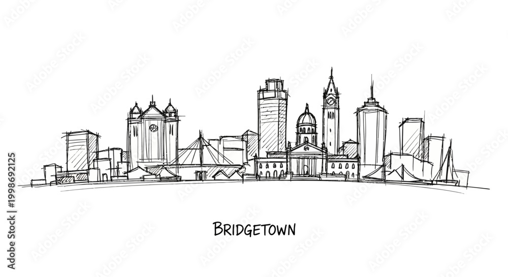 Fototapeta premium Elegant hand-drawn cityscape of bridgertown featuring iconic skyscrapers and historic architecture with minimalist black ink