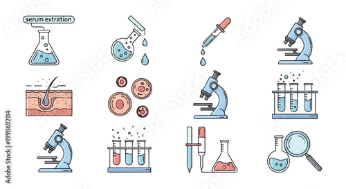 Science and research icons collage with laboratory equipment and cells test tube medical research magnifying glass hair follicle cell biology