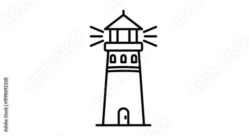 Minimalist Lighthouse Icon with Shining Light Rays. Simple Outline Vector Illustration of Coastal Navigation Beacon.