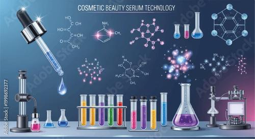 Beauty serum and skincare technology with laboratory equipment and molecular structures molecular structure test tubes beauty products anti aging