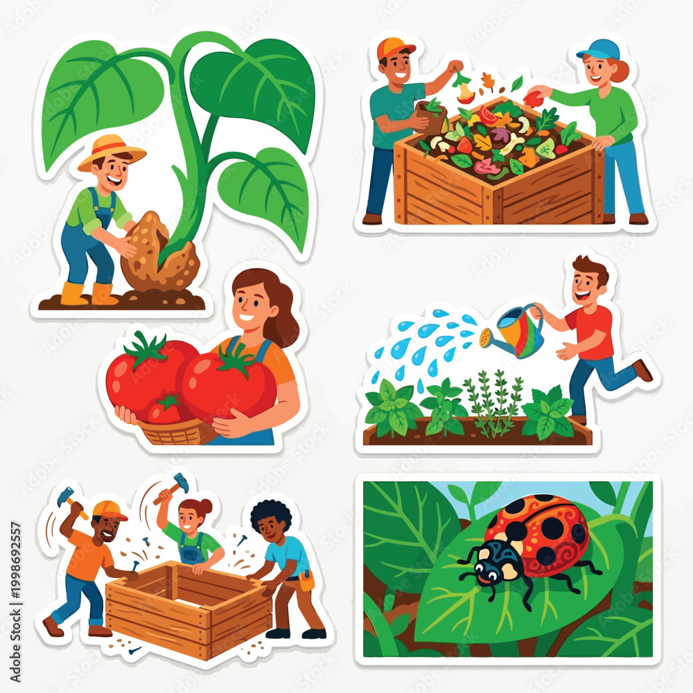 Fototapeta premium Community Garden Cooperative Urban Farm Set Of Six Funny Caricature Stickers Flat Vector Art Exaggerated Gardeners Planting Composting Harvesting Watering Building Beds Sharing Nature