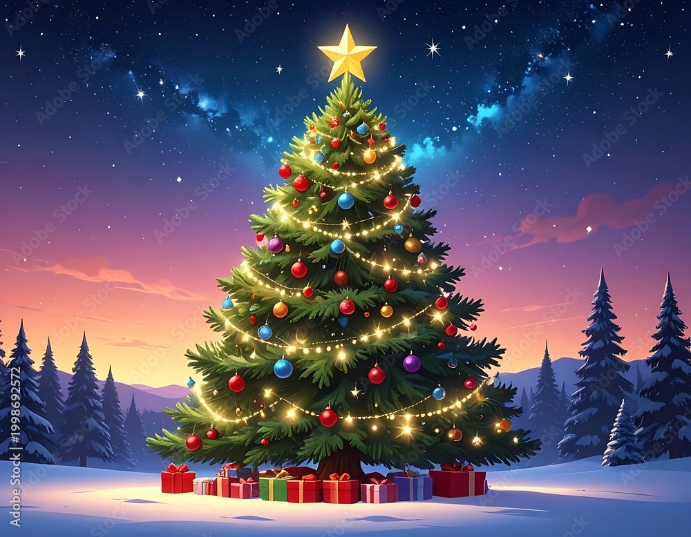 Obraz premium Christmas Tree Decorated with Lights and Ornaments.