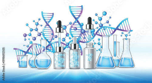 Cosmetic science and skincare ingredients represented by DNA strands molecular structures serum bottles with anti aging beauty products cosmetic ind