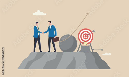 Trusted boulder mountain peak or trust alliance concept, businessmen shaking hands agreement after finished danger risky apple shot archery show