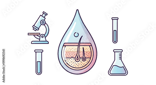 Scientific illustration of hair follicles within a water droplet surrounded by laboratory equipment test tube hair care scientific research