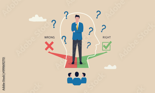 Decision incorrect, solve problem, critical thinking, decide and dilemma concept, businessman in his head making decision right or wrong