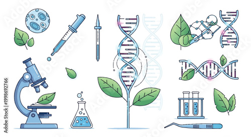 Genetics and biology research with DNA strands microscope plant elements test tube science background lab equipment science illustration genetics