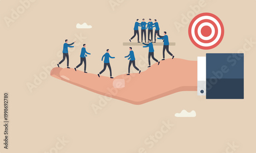 Bridging, business teams together rocket reach success, career progress, assistance or mentorship, giant businessman hand bridging the gap for people to progress to target