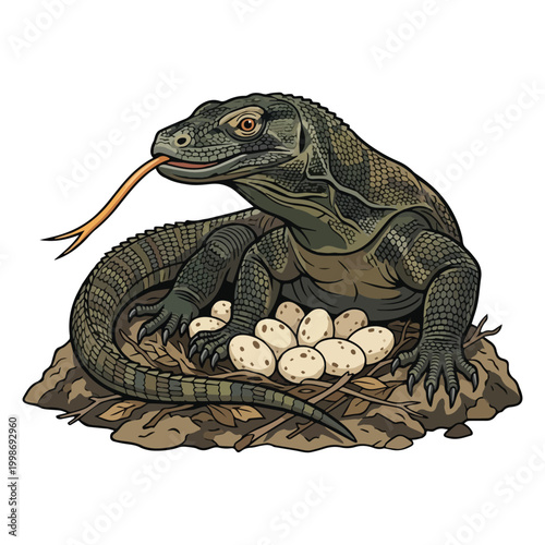 Majestic Komodo dragon protectively watching over its newly laid clutch of eggs, a powerful representation of reptilian maternity and primal instinct in the wild