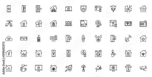 Domotics icon set. Smart home vector icons collection. Includes symbols for security, temperature, lighting, control, automation, webcam, alarm and more.