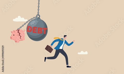 Debt problem financia or credit failure, no money to pay for debt, mortgage default concept, business man run away from heavy wrecking ball with the word debt