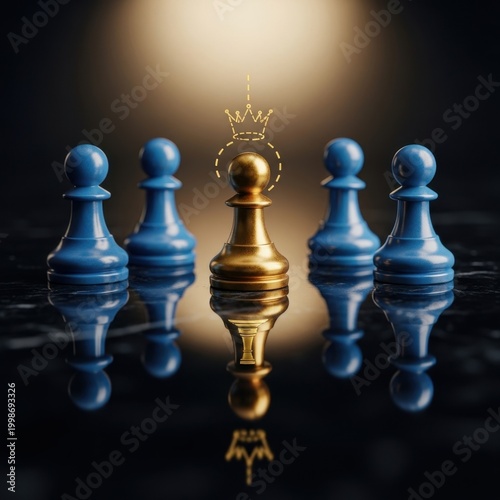 Golden Pawn Crowned Among Blue Pawns on Chessboard.