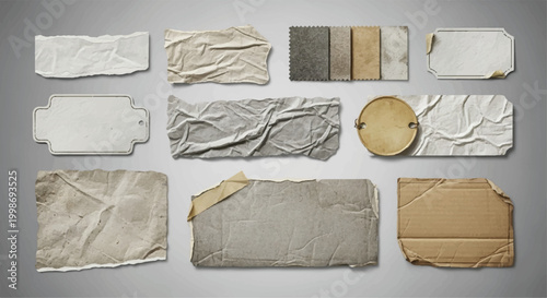 Collection of assorted crumpled and torn paper labels and tags with sheet paper texture label design tag design kraft paper brown paper