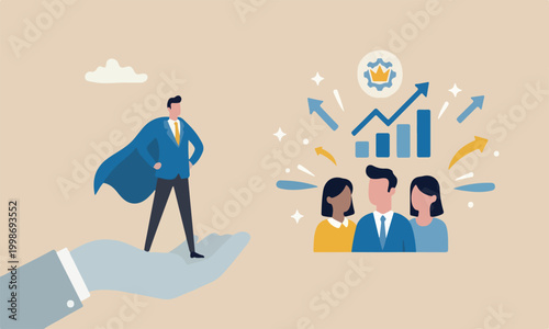 Support teams together opportunity, leadership or business growth concept, confidence businessman super hero in supported hand