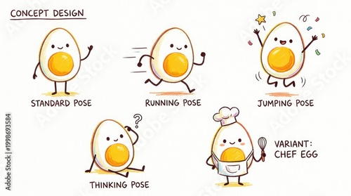 Tapety artystyczne Whimsical Egg Character Poses Standard Running Jumping Thinking and Chef.