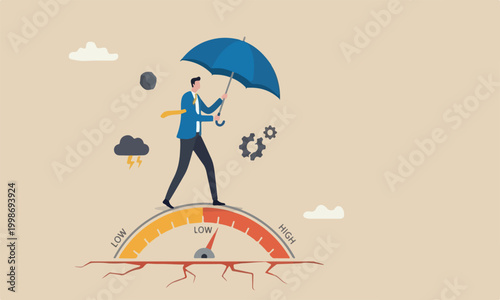 Risk mitigation threat and control or prevent potential impact, reduce chance of failure, uncertainty, evaluate safety level, businessman with protection umbrella on risk gauge measuring image.
