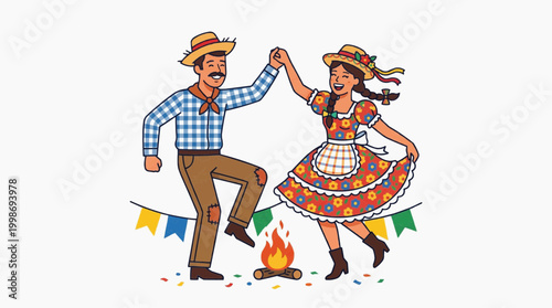 Joyful Dance Under the Stars: A charming couple dances merrily near a crackling campfire under a festive banner, embracing the night with laughter and carefree energy.