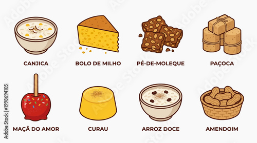 Brazilian Treats Illustration: A vibrant illustration showcasing a colorful array of classic Brazilian treats, each tempting and delicious, ready to satisfy any sweet tooth.