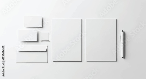 Clean stationery branding mockup with pen on white background business cards office supplies graphic design flat lay stationery branding