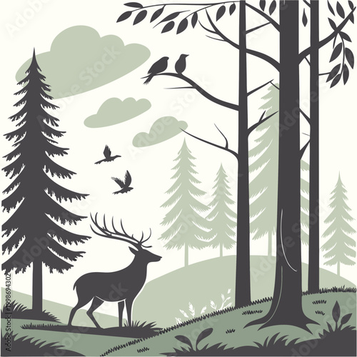 Photography Scandinavian Forest Wildlife Scene with Animals and Birds