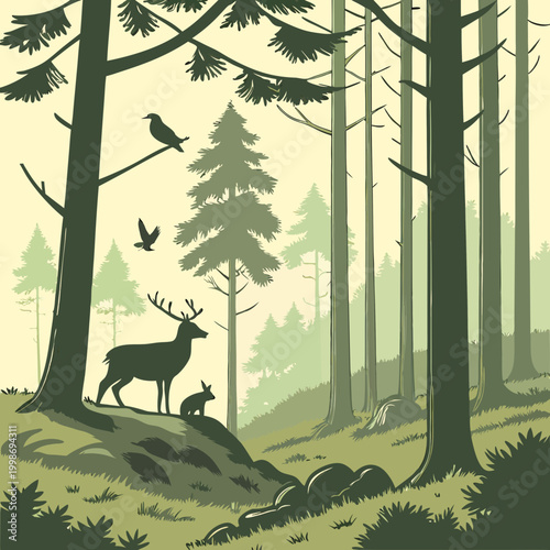 Canvas-taulu Scandinavian Forest Wildlife Scene with Animals and Birds