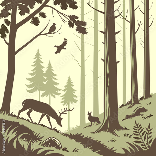 Εκτύπωση καμβά Scandinavian Forest Wildlife Scene with Animals and Birds