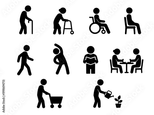 Senior Daily Activities Icon Set Monochrome (Elderly Lifestyle Pictogram Collection)

高齢者の日常生活ピクトグラムアイコンセット（シニアライフ・介護・モノクロ）