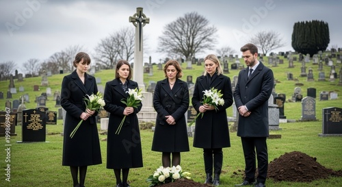 Grieving Family Members Standing at a Funeral Ceremony.