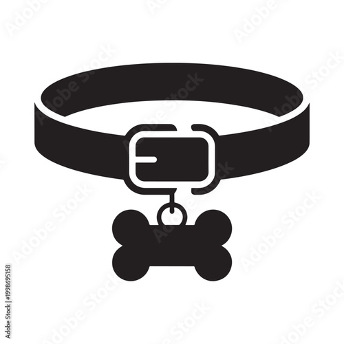 Dog collar silhouette with tag and bone black and white