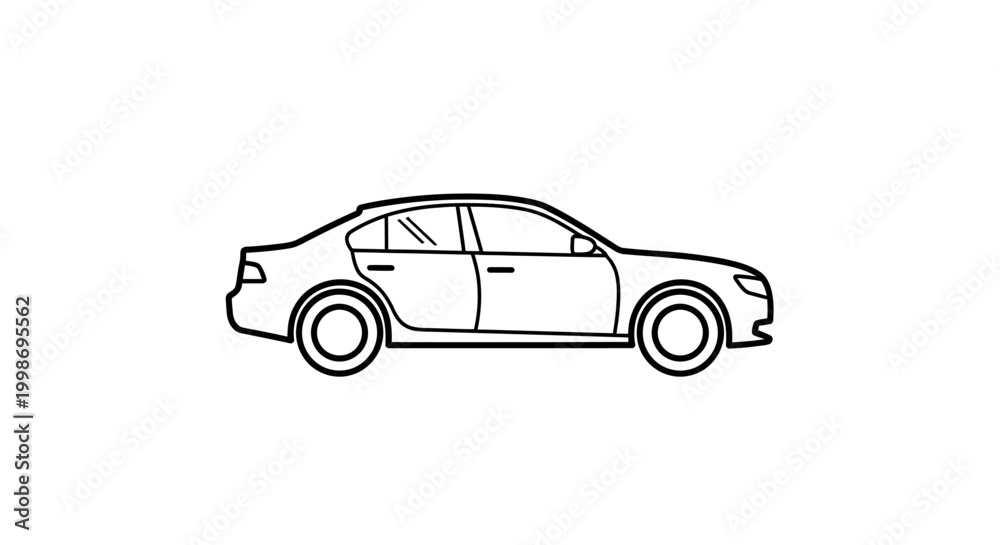 Fototapeta premium Side view line art illustration of a generic sedan car. Minimalist black outline icon for automotive design, transport, and travel concepts.