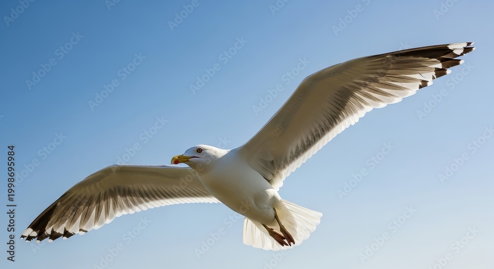 Fototapeta premium Graceful Seagull Soaring High in the Bright Blue Sky.
