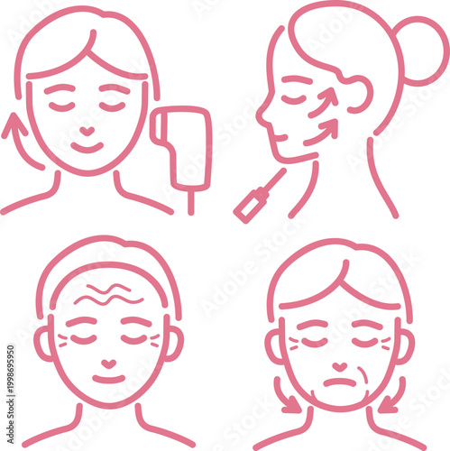 Aesthetic medicine icon set wrinkles sagging skin thread lift HIFU anti-aging skincare cosmetic surgery line art