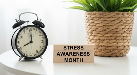 Stress Awareness Month wooden blocks with alarm clock and plant, copy space for text, clean office desk mockup, mental health awareness concept, realistic photography