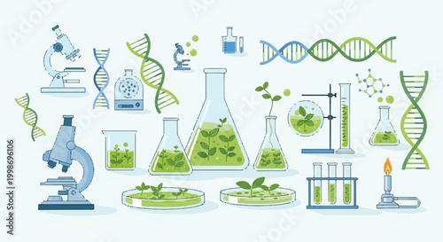 Green chemistry and biology research with plants and DNA double helix test tube eco friendly laboratory chemistry microscope research analysis