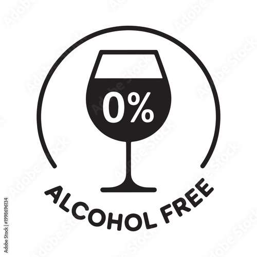 Alcohol free icon with wine glass zero percent symbol and circular frame