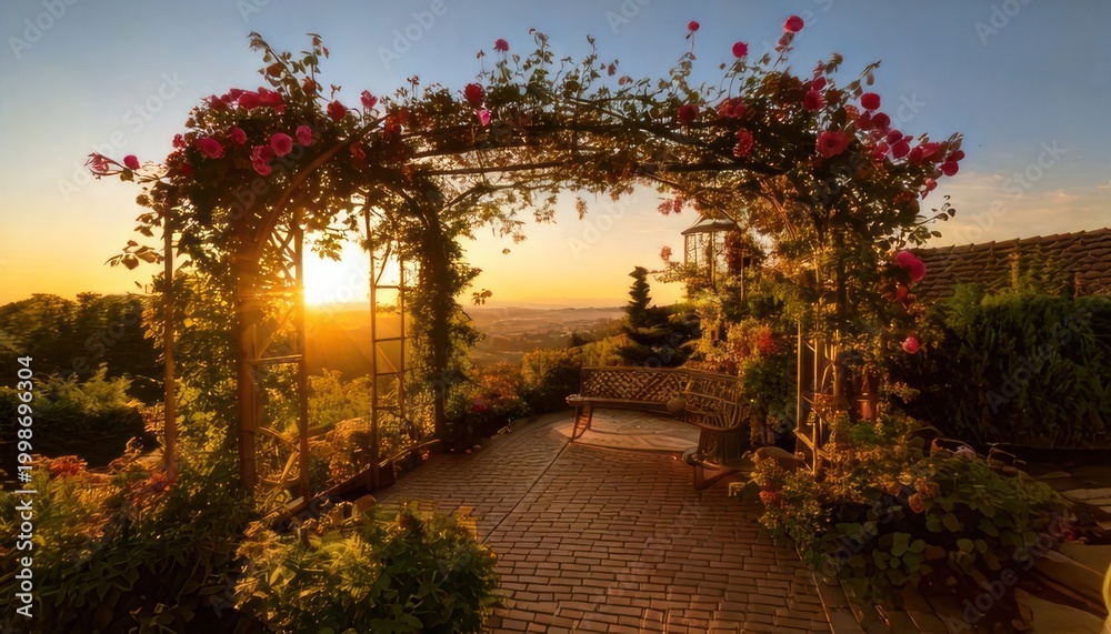 Obraz premium Romantic Rose Archway at Sunset - A Garden Paradise.