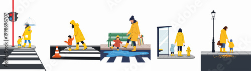 Vector illustration set showing a mother and child in yellow raincoats during various rainy day city activities like walking, crossing streets, and splashing.