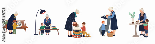 A set of flat vector illustrations showing a grandmother and her grandson reading books and looking at photo albums together in different domestic scenes.