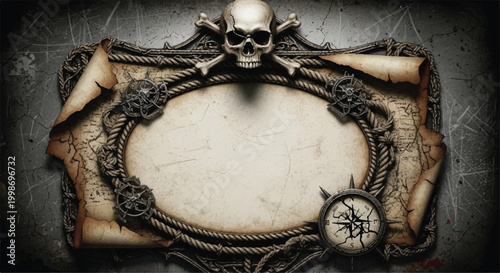 Gothic ornate frame with skull bones antique scroll texture wrought iron decoration background illustration template copy space graveyard