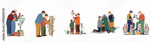 Set of flat illustrations depicting intergenerational pairs of men and children engaged in rose gardening activities like pruning, planting, and harvesting together.
