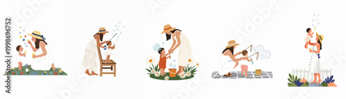 Flat vector illustration set of a mother and her toddler playing with soap bubbles in a garden on a sunny summer day.