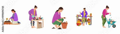 Flat illustration set of women enjoying home gardening activities like planting, watering, and potting in their backyard or terrace.