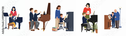 Set of illustrations depicting children having piano lessons with teachers, parents, and grandparents, showcasing musical education and practice.