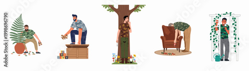Set of men in camouflage clothing playing hide and seek and exploring in various indoor and outdoor environments, flat vector illustration.