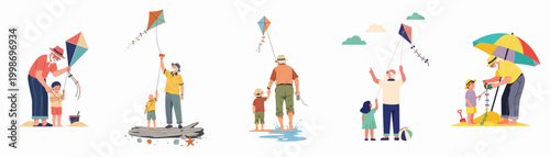 Set of illustrations depicting a grandfather and his grandchild spending quality time at the beach, flying kites and playing in the sand.